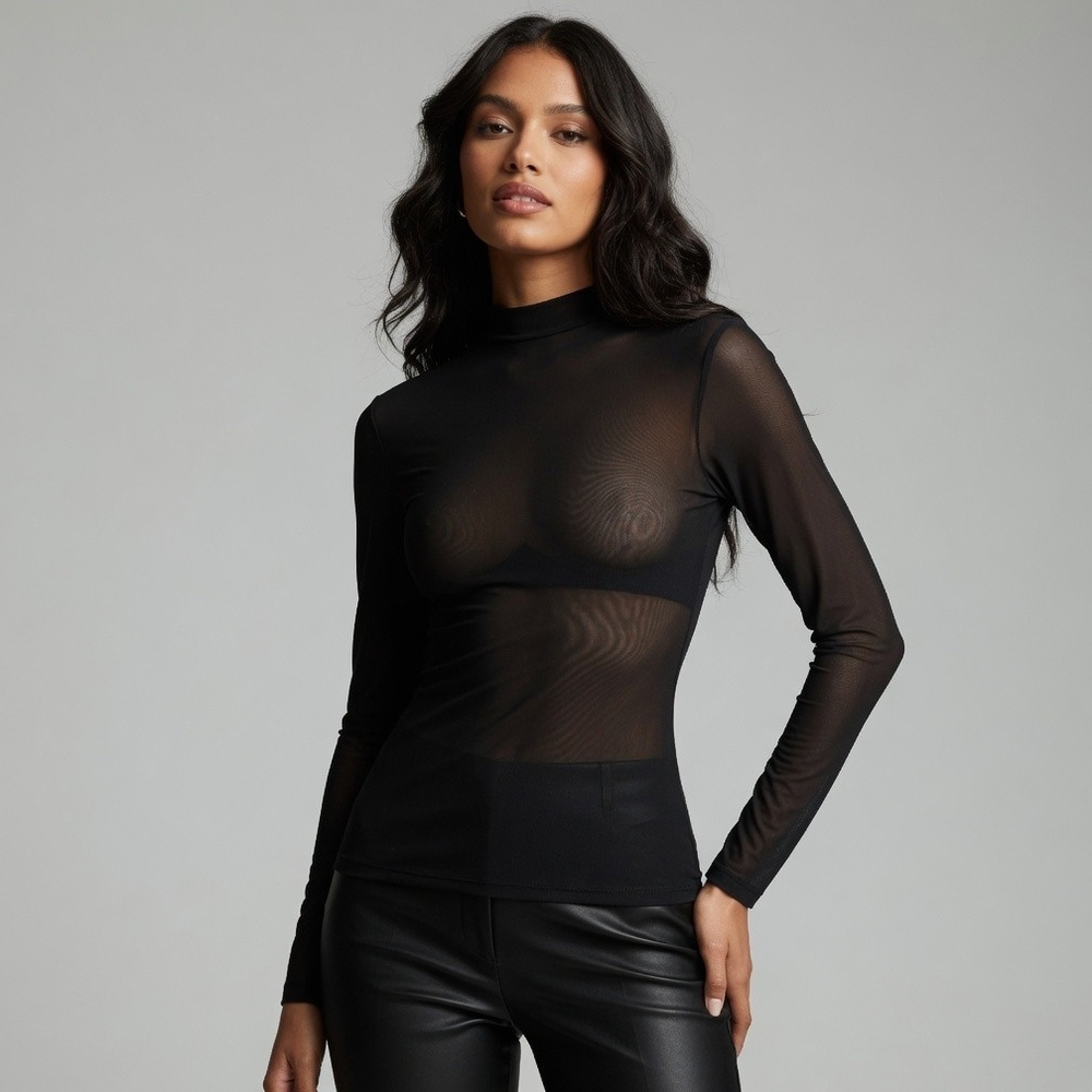 Avidlove Black Sheer Mesh Turtleneck Long Sleeve Top Size S Sexy Bodycon NWT